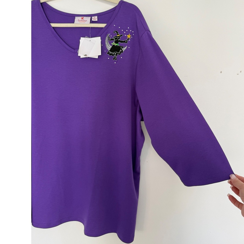 NWT Quaker Factory Halloween Tunic 3X Purple Black Witch Moon V Neck